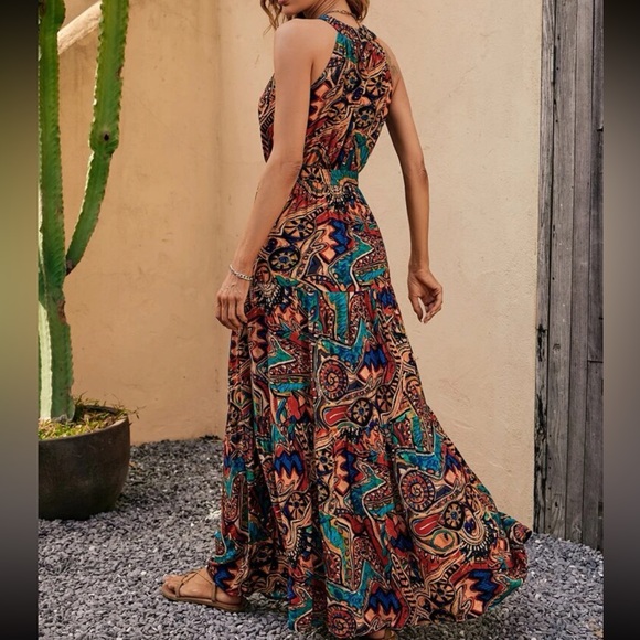 Boho print belted halter maxi dress PAST FEW - Picture 3 of 6